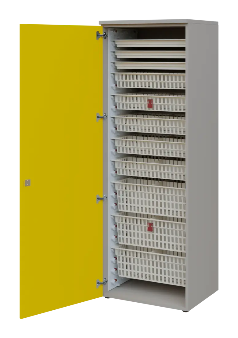 EUROMEDICA D - 66 ABS skříň léková boxová, 1-dveřová, levá, 1950x660x535, korpus šedý, dvířka žlutá